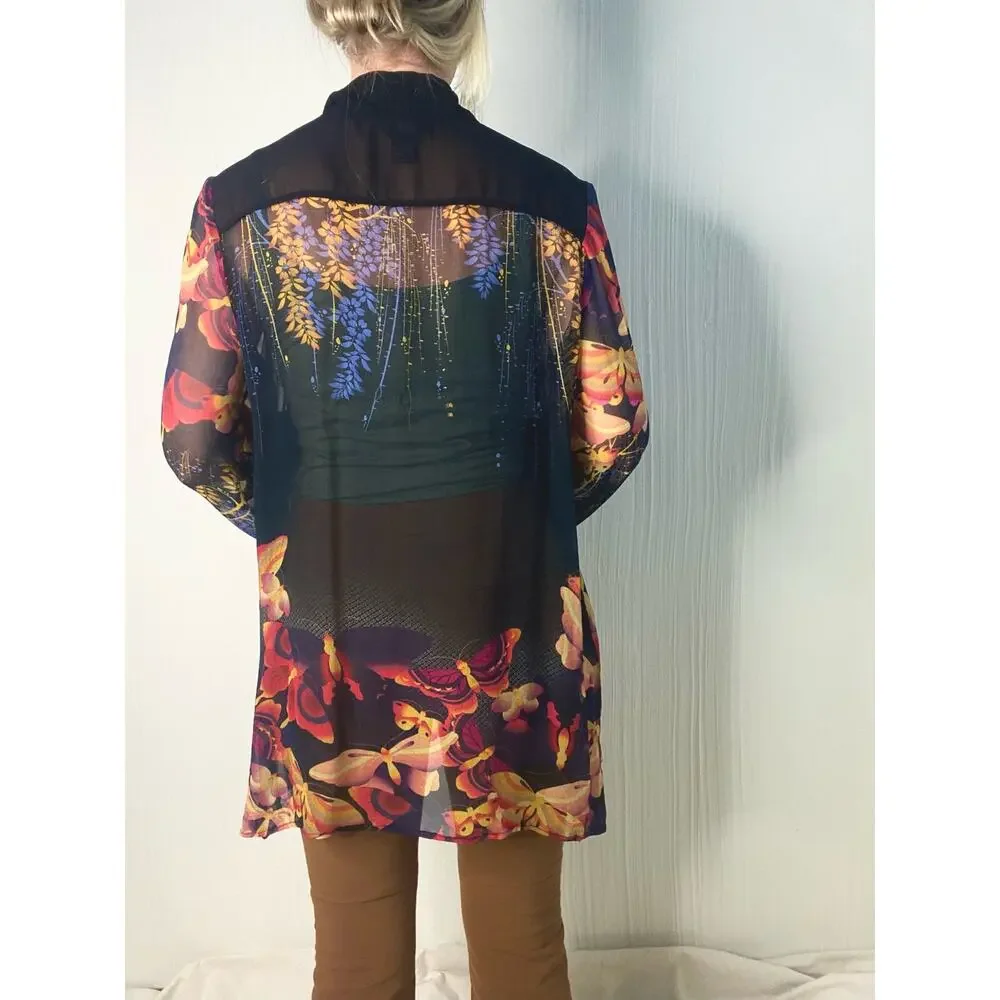 CITRON Black Sheer Silk Kimono Floral Butterflies US MEDIUM - Picture 5 of 15